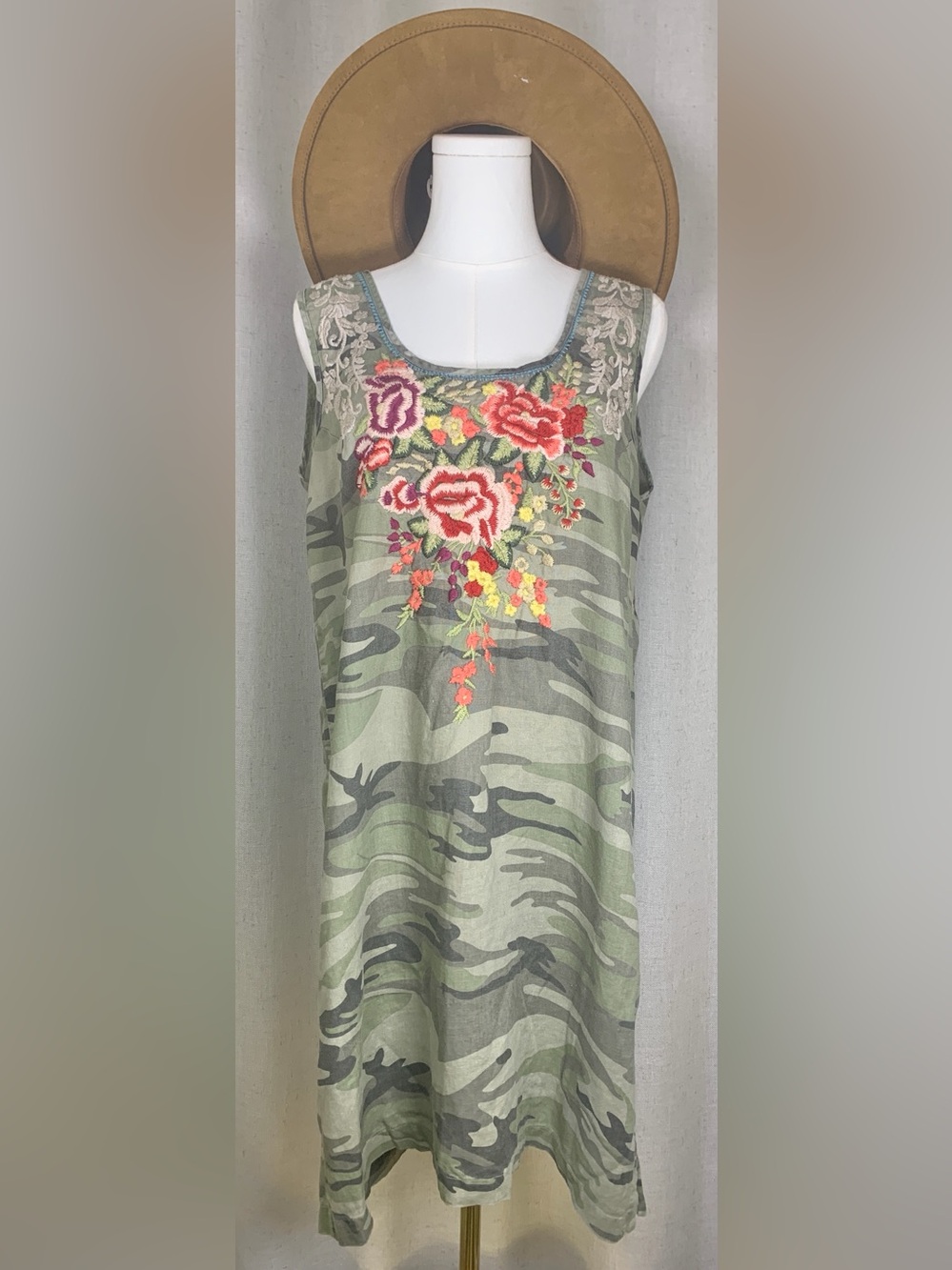 Johnny Was Camo Embroidered Midi Dress Floral Boho Button Side Detail
